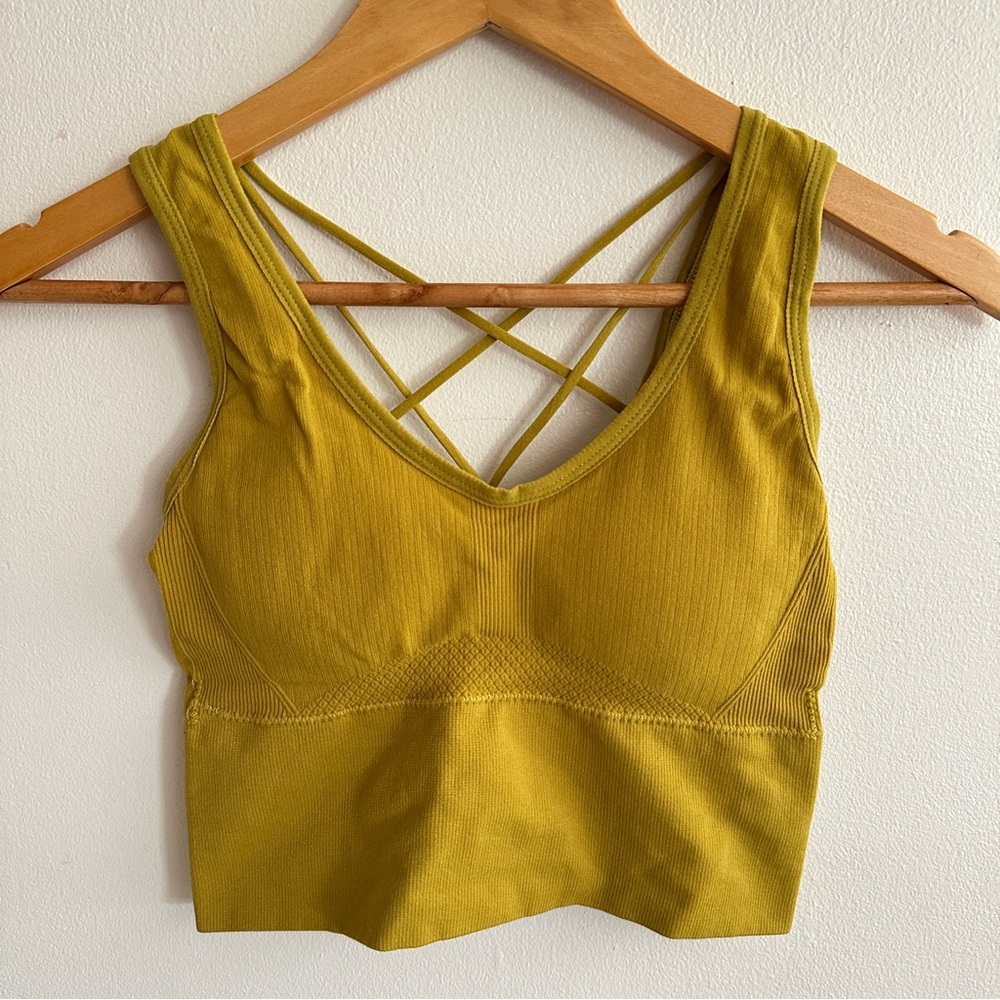 Mustard Yellow Crisscross Strappy Padded Sports Bra Top